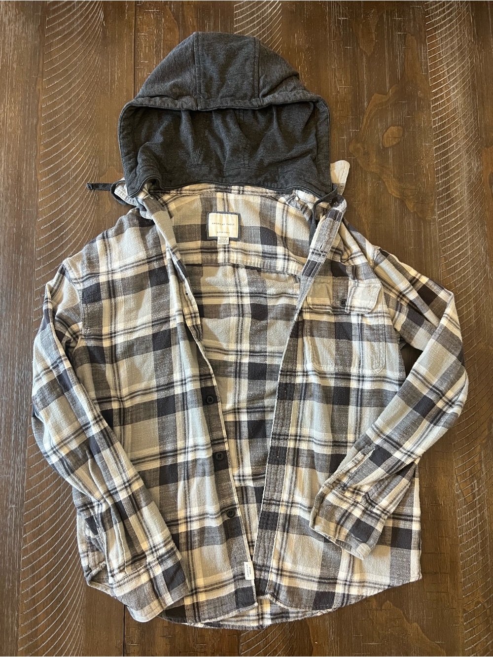 American Eagle Men’s S Hooded Flannel Plaid Removable Hood Super Soft